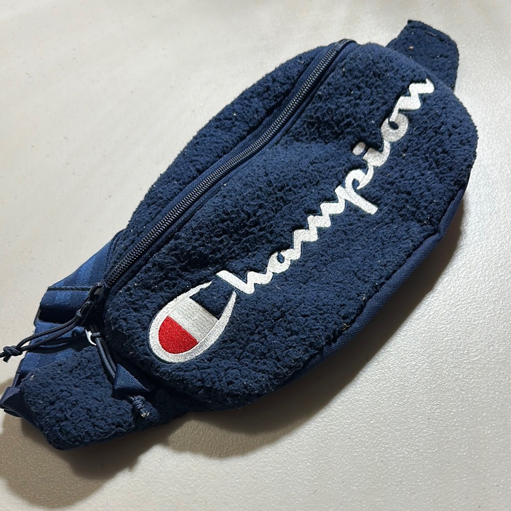 Used Champion Textured Fluffy Navy Blue Waist Bag/Fanny Pack